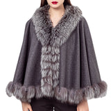 LVCOMEFF wool shawl cape wiith fox fur collar trimming with belt 210726