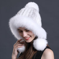 women real  knitted mink fur hat with earmuffs earflap with fox fur poms trimming  free shipping - eileenhou rabbit fox mink raccoon chinchilla   lady real  fur coat jacket