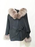 LVCOMEFF wool coat with fox fur trimming with hood with belt bat sleeve  210732