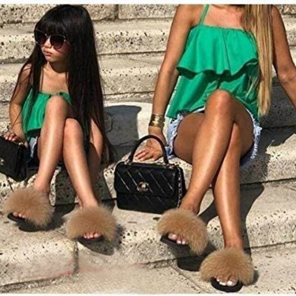 LVCOMEFF kid girl boy real  fox fur summer sandals slippers slides furry handmade free shipping