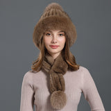 real womens knitted mink fur scarf hat two pieces set with fox fur poms - eileenhou rabbit fox mink raccoon chinchilla   lady real  fur coat jacket