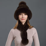 real womens knitted mink fur scarf hat two pieces set with fox fur poms - eileenhou rabbit fox mink raccoon chinchilla   lady real  fur coat jacket