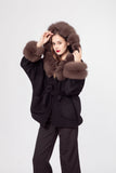 LVCOMEFF wool coat with fox fur trimming with hood with belt bat sleeve  210732