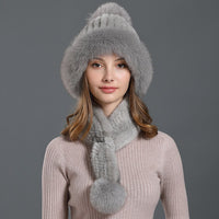 real womens knitted mink fur scarf hat two pieces set with fox fur poms - eileenhou rabbit fox mink raccoon chinchilla   lady real  fur coat jacket