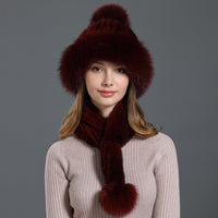 real womens knitted mink fur scarf hat two pieces set with fox fur poms - eileenhou rabbit fox mink raccoon chinchilla   lady real  fur coat jacket