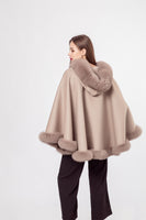 LVCOMEFF wool shawl cape wiith fox fur collar trimming with hood  210731