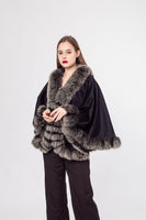 LVCOMEFF wool shawl cape wiith fox fur collar trimming with belt 210726