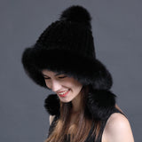 women real  knitted mink fur hat with earmuffs earflap with fox fur poms trimming  free shipping - eileenhou rabbit fox mink raccoon chinchilla   lady real  fur coat jacket