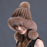 women real  knitted mink fur hat with earmuffs earflap with fox fur poms trimming  free shipping - eileenhou rabbit fox mink raccoon chinchilla   lady real  fur coat jacket