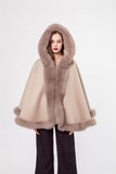 LVCOMEFF wool shawl cape wiith fox fur collar trimming with hood  210731