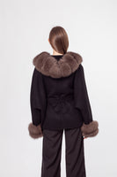 LVCOMEFF wool coat with fox fur trimming with hood with belt bat sleeve  210732